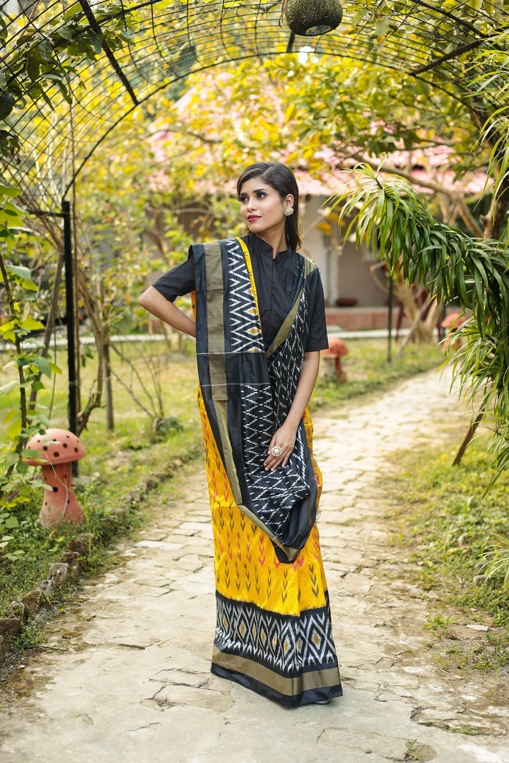 Yellow and Black Pure Ikkat Silk Saree - Keya Seth Exclusive
