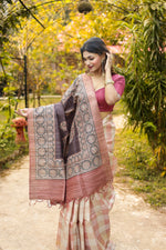 Load image into Gallery viewer, Peach Checkered Pure Tussar Silk Saree - Keya Seth Exclusive