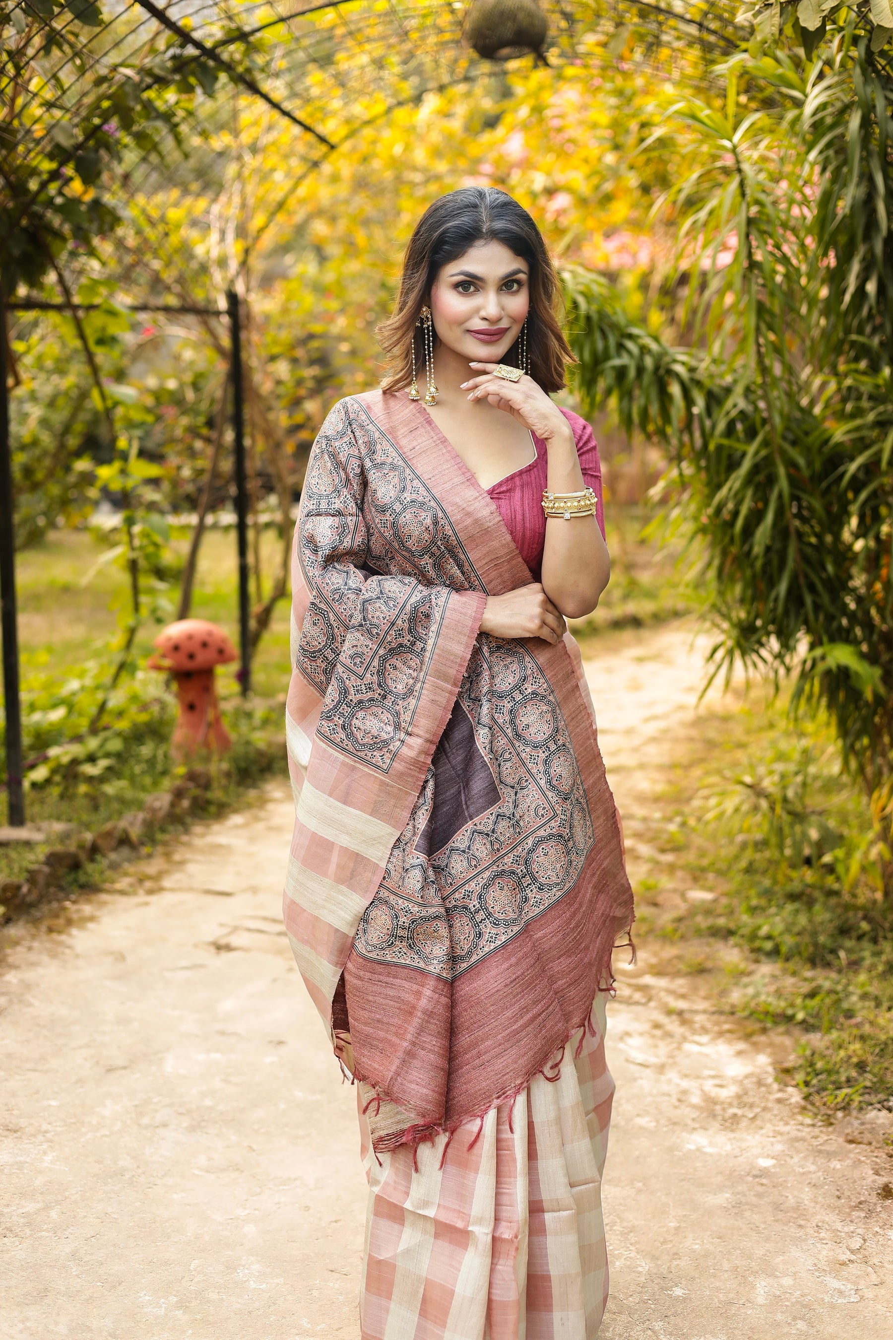 Peach Checkered Pure Tussar Silk Saree - Keya Seth Exclusive