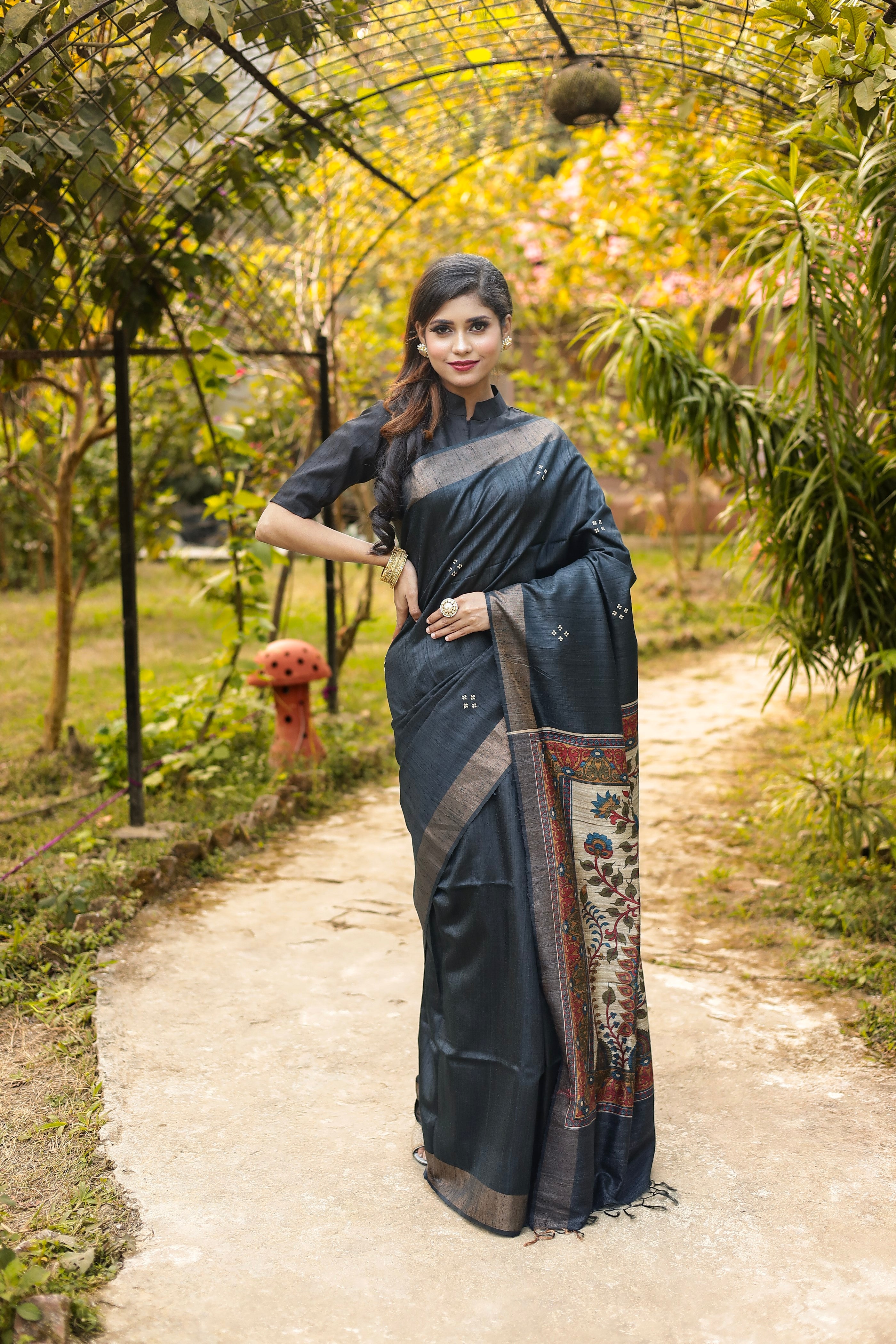 Black Pure Tussar Silk Saree - Keya Seth Exclusive