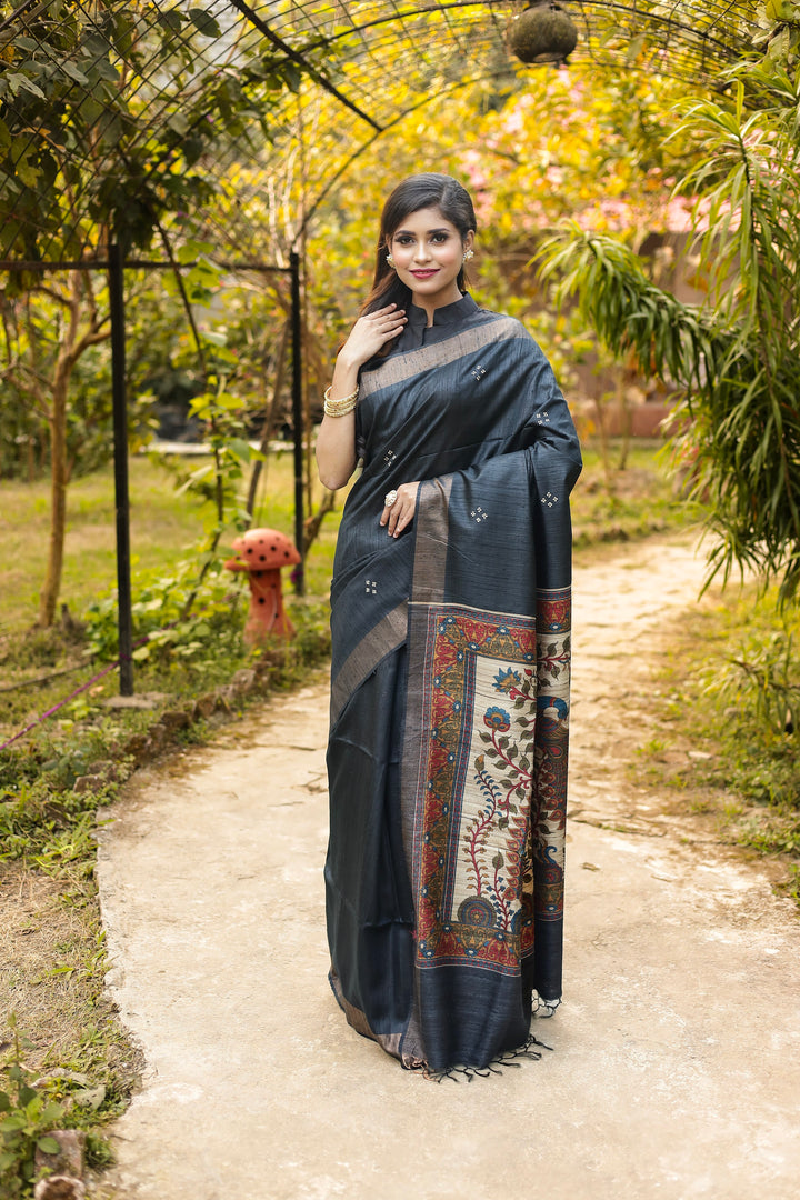 Black Pure Tussar Silk Saree - Keya Seth Exclusive
