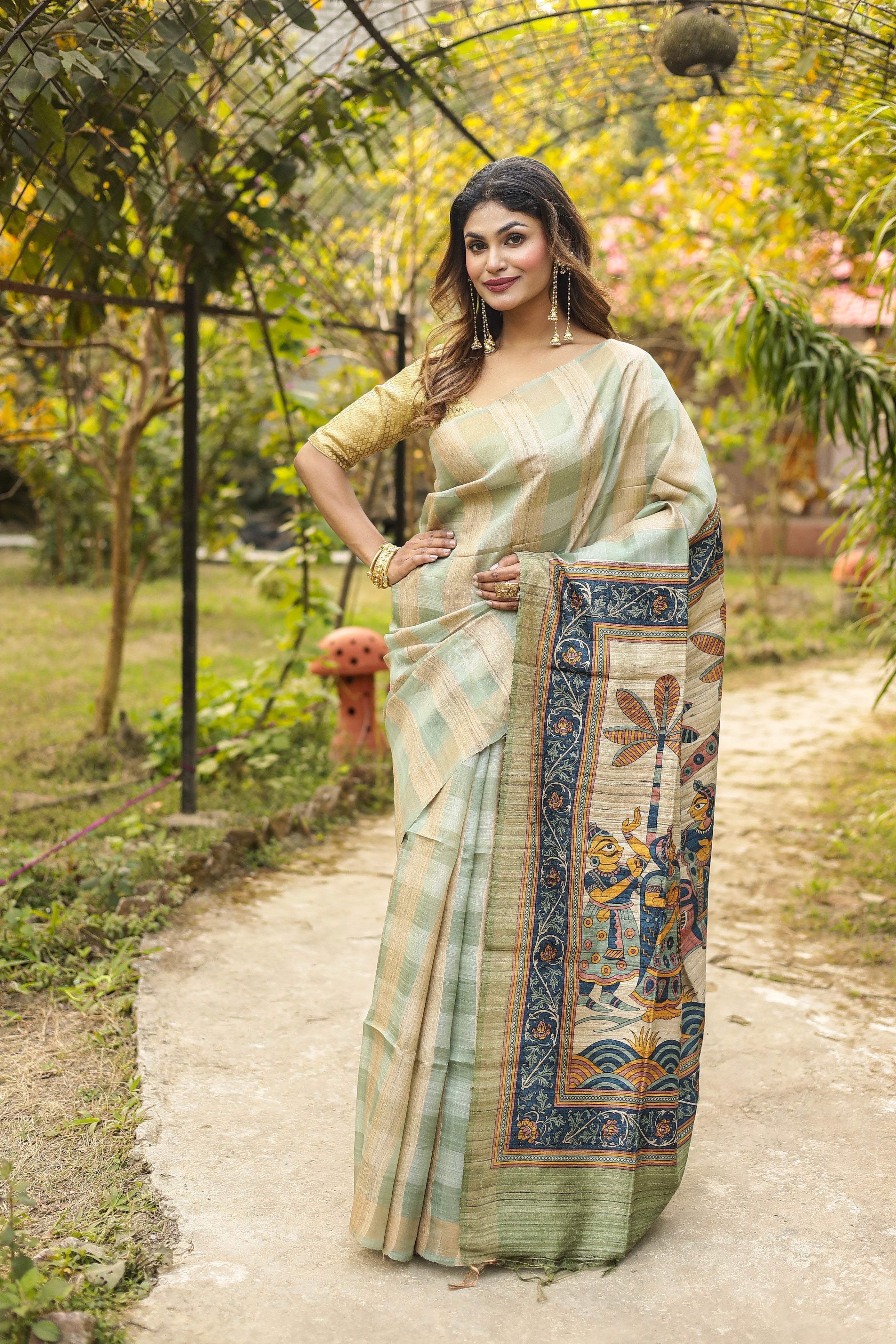 Green Ochre Checkered Pure Tussar Silk Saree - Keya Seth Exclusive