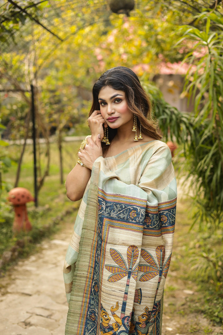 Green Ochre Checkered Pure Tussar Silk Saree - Keya Seth Exclusive