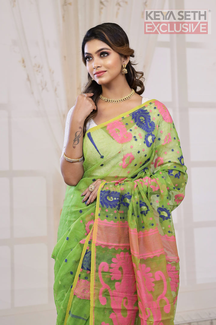 Olive Green Jamdani Saree - Keya Seth Exclusive