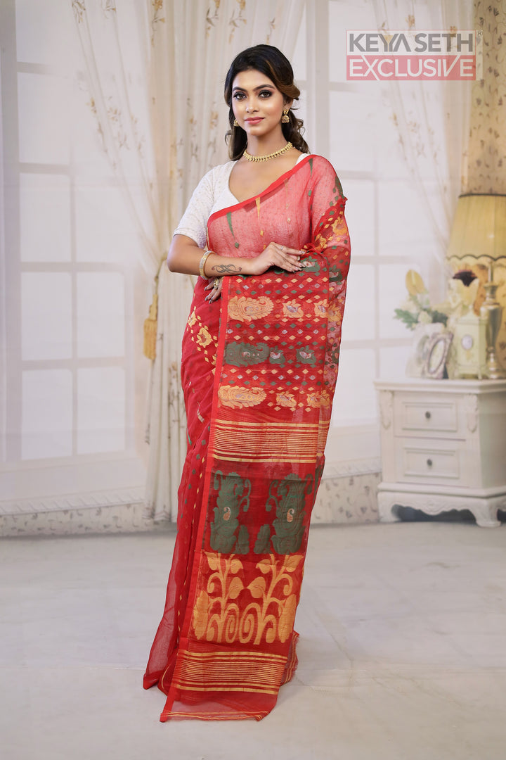 Red Jamdani Saree - Keya Seth Exclusive