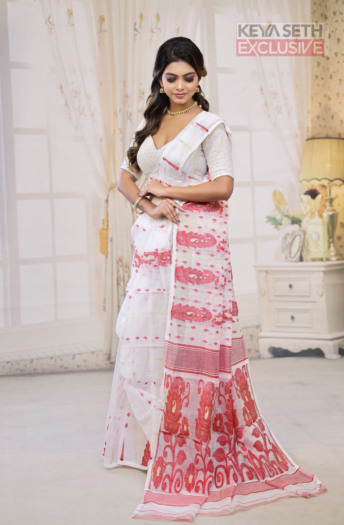 White and Red Jamdani Saree - Keya Seth Exclusive