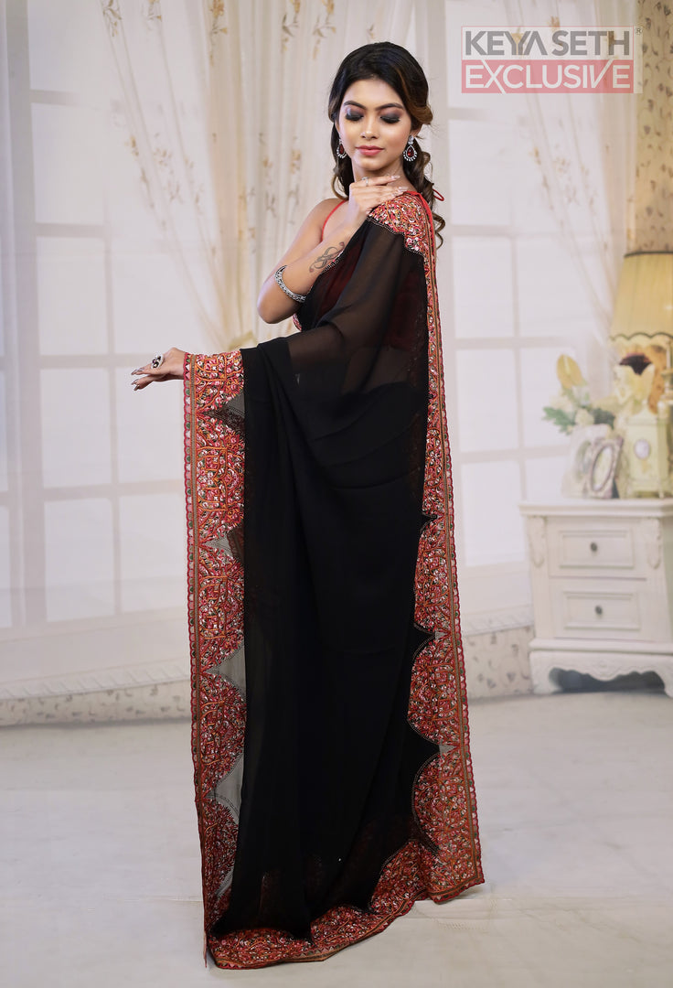 Black Georgette Saree with Resham Threadwork - Keya Seth Exclusive