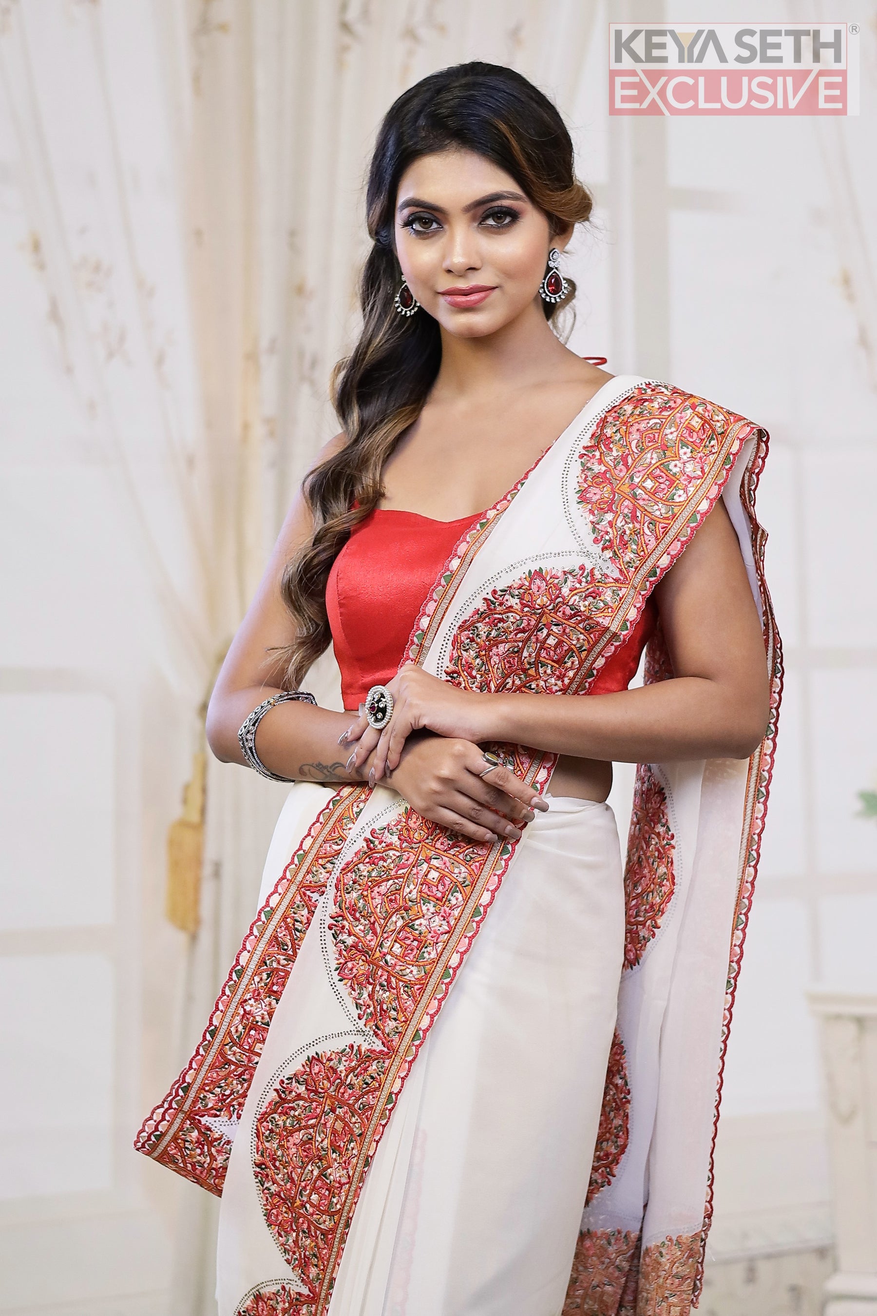 White Georgette Saree with Resham Threadwork - Keya Seth Exclusive