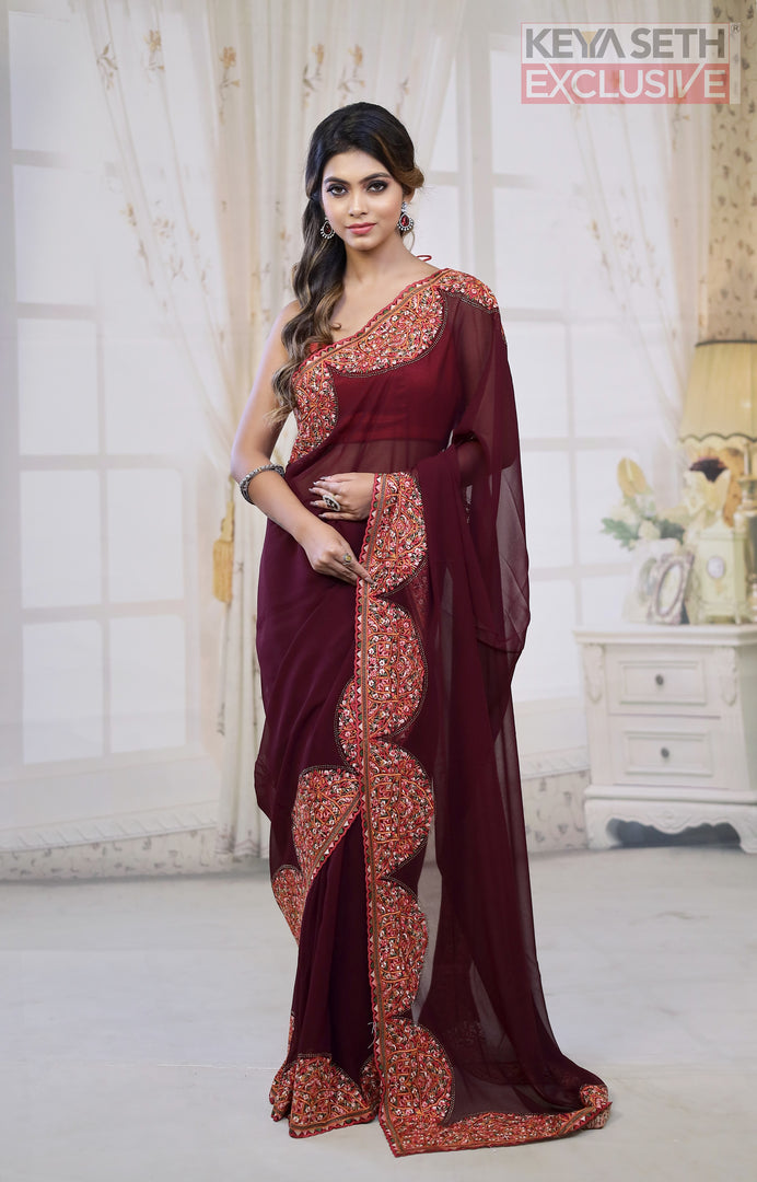 Wine Georgette Saree with Resham Threadwork - Keya Seth Exclusive