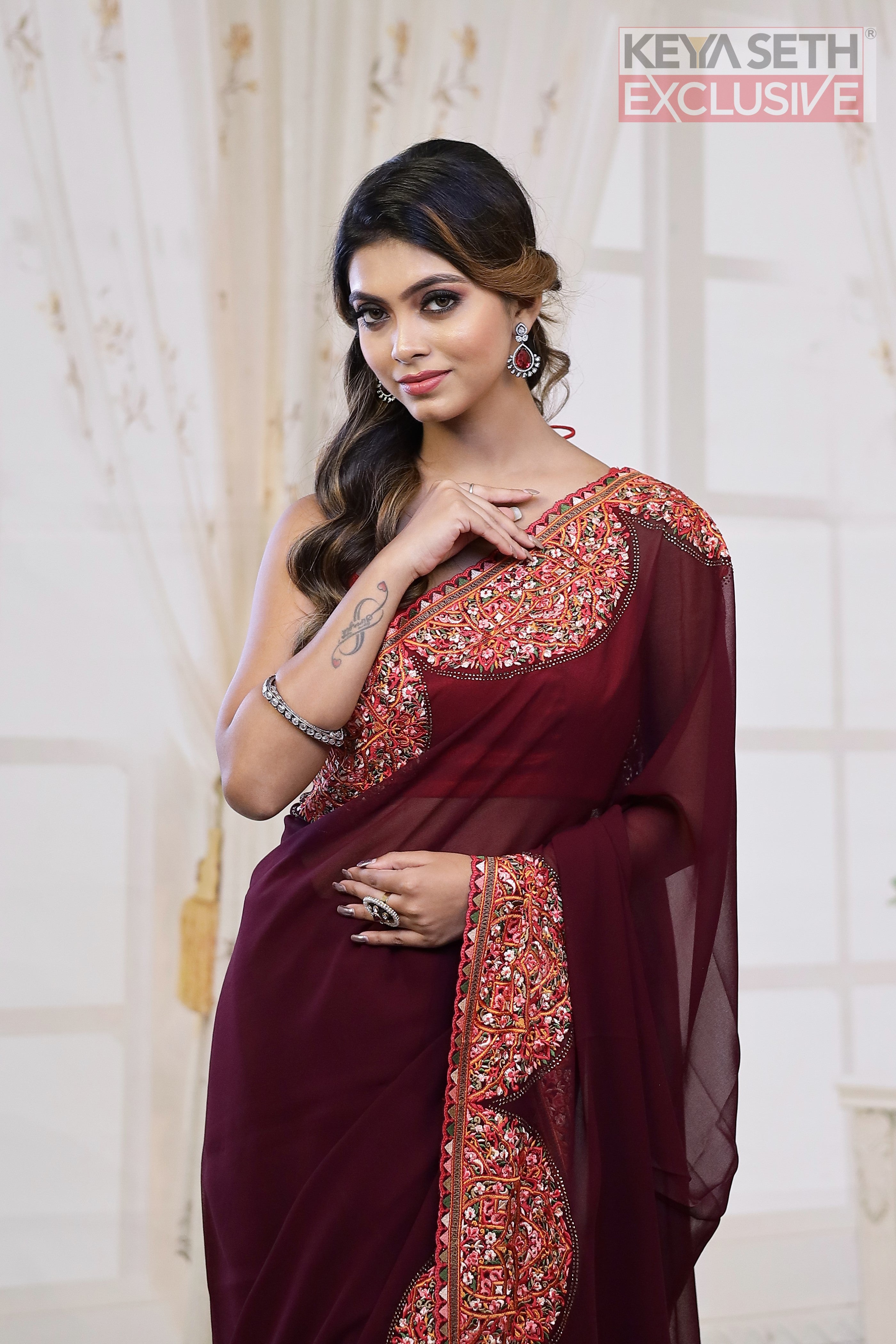 Wine Georgette Saree with Resham Threadwork - Keya Seth Exclusive