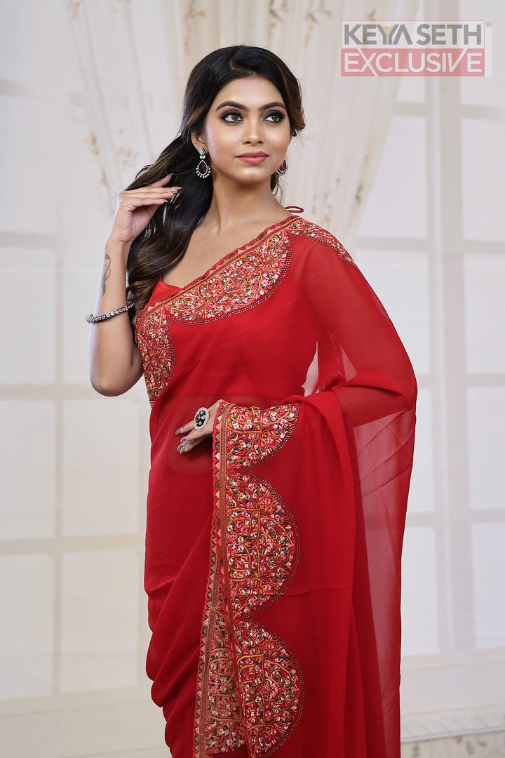 Red Georgette Saree with Resham Threadwork - Keya Seth Exclusive