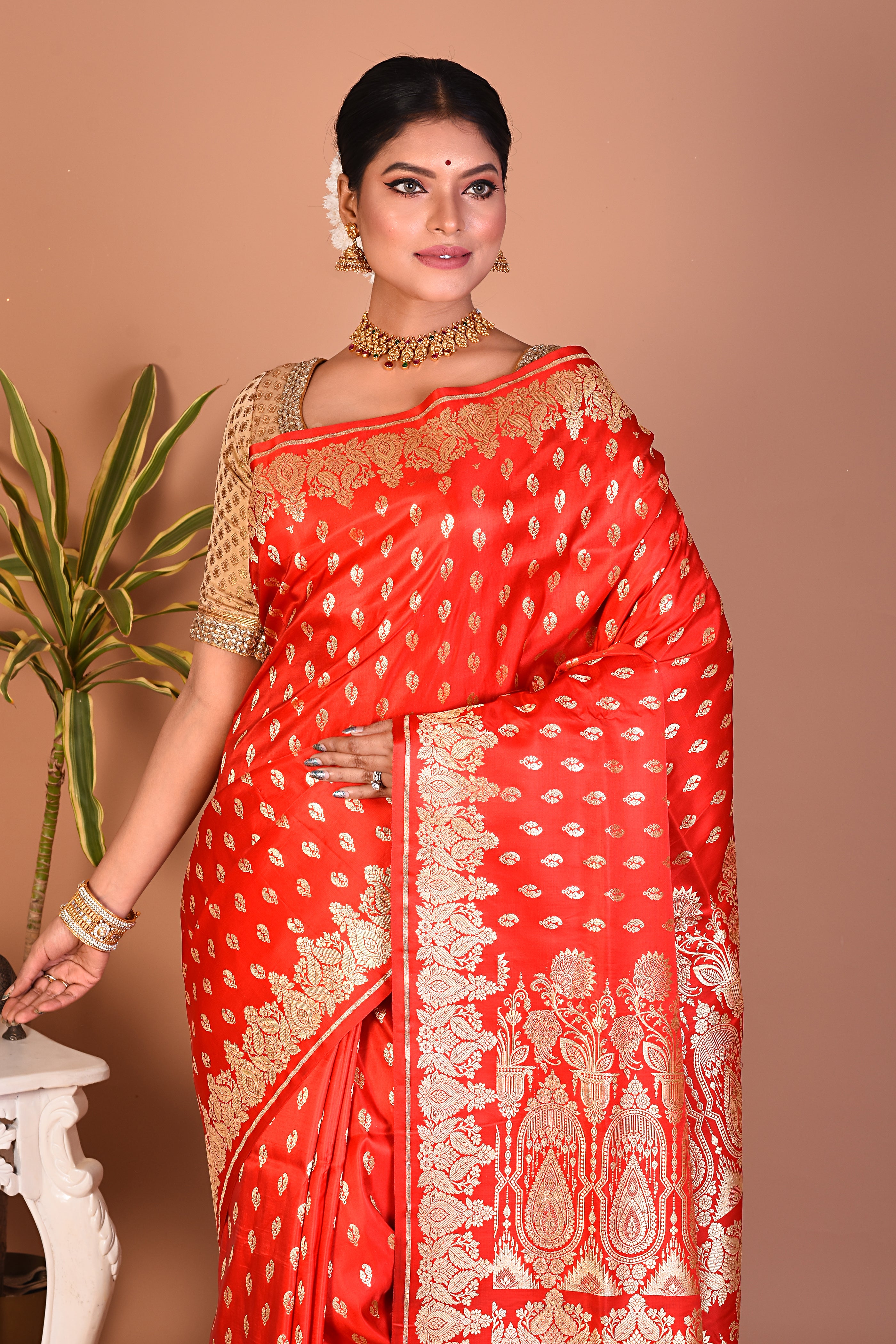 Bright Red Banarasi Saree - Keya Seth Exclusive