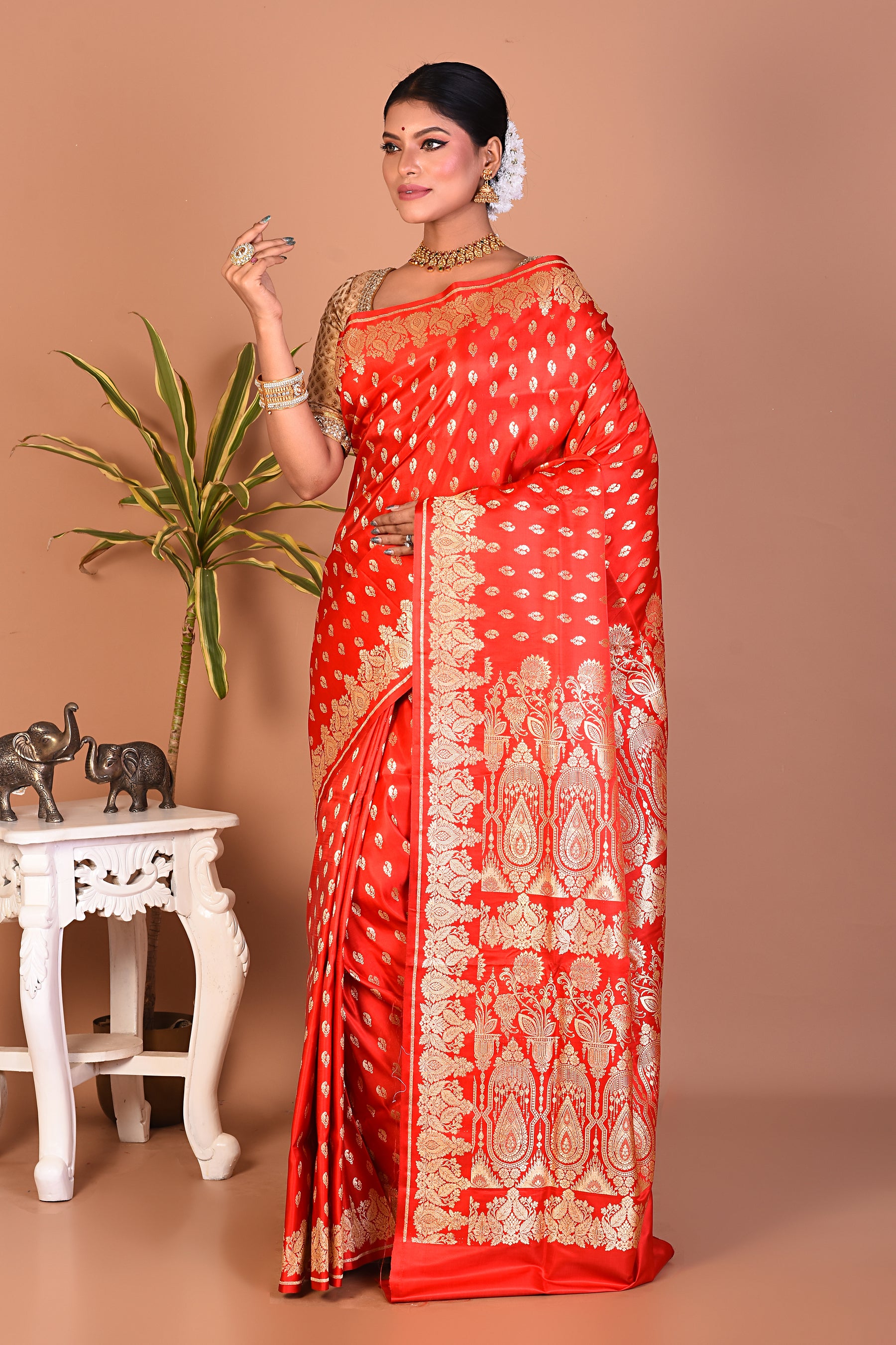 Bright Red Banarasi Saree - Keya Seth Exclusive