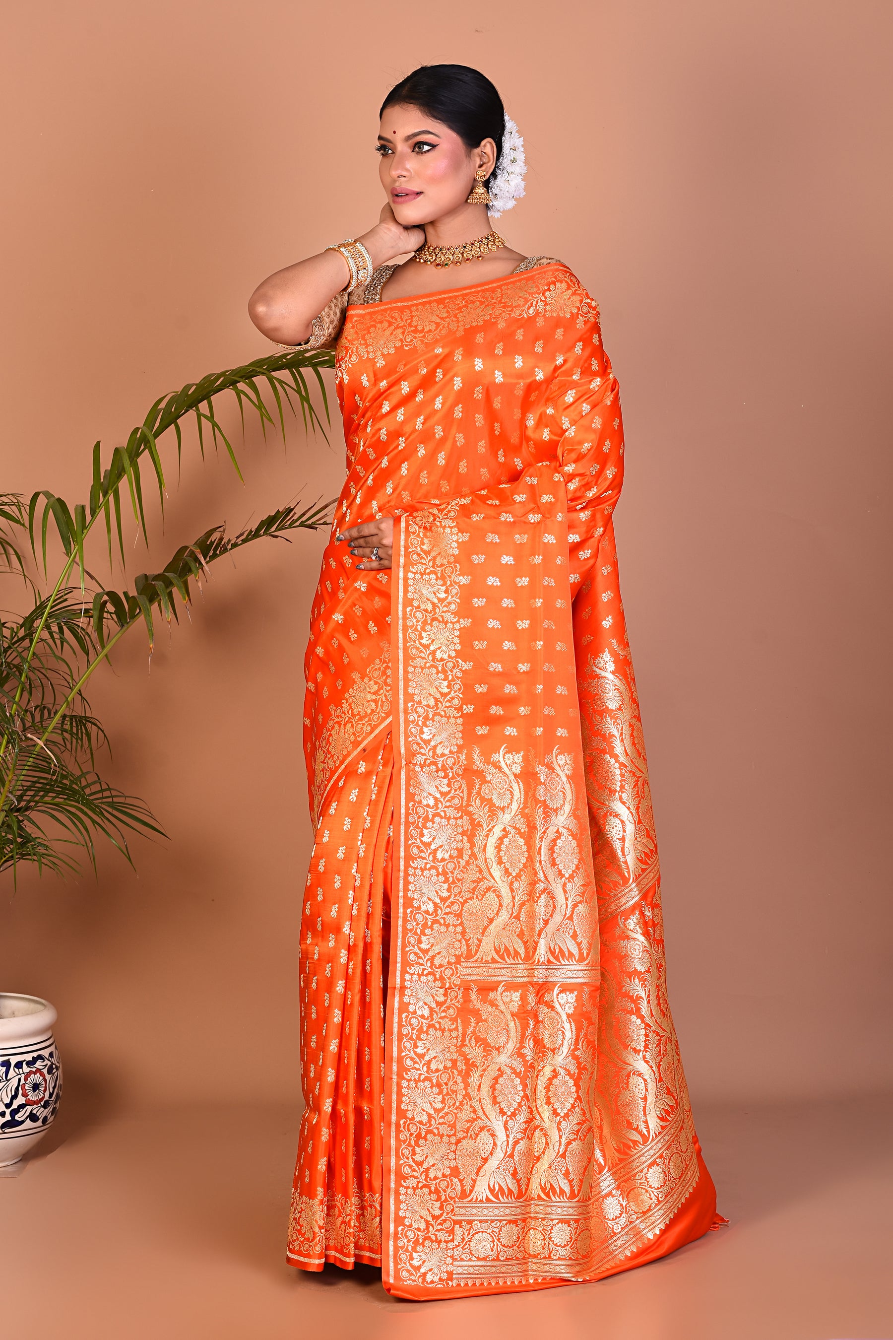 Bright Orange Banarasi Saree - Keya Seth Exclusive