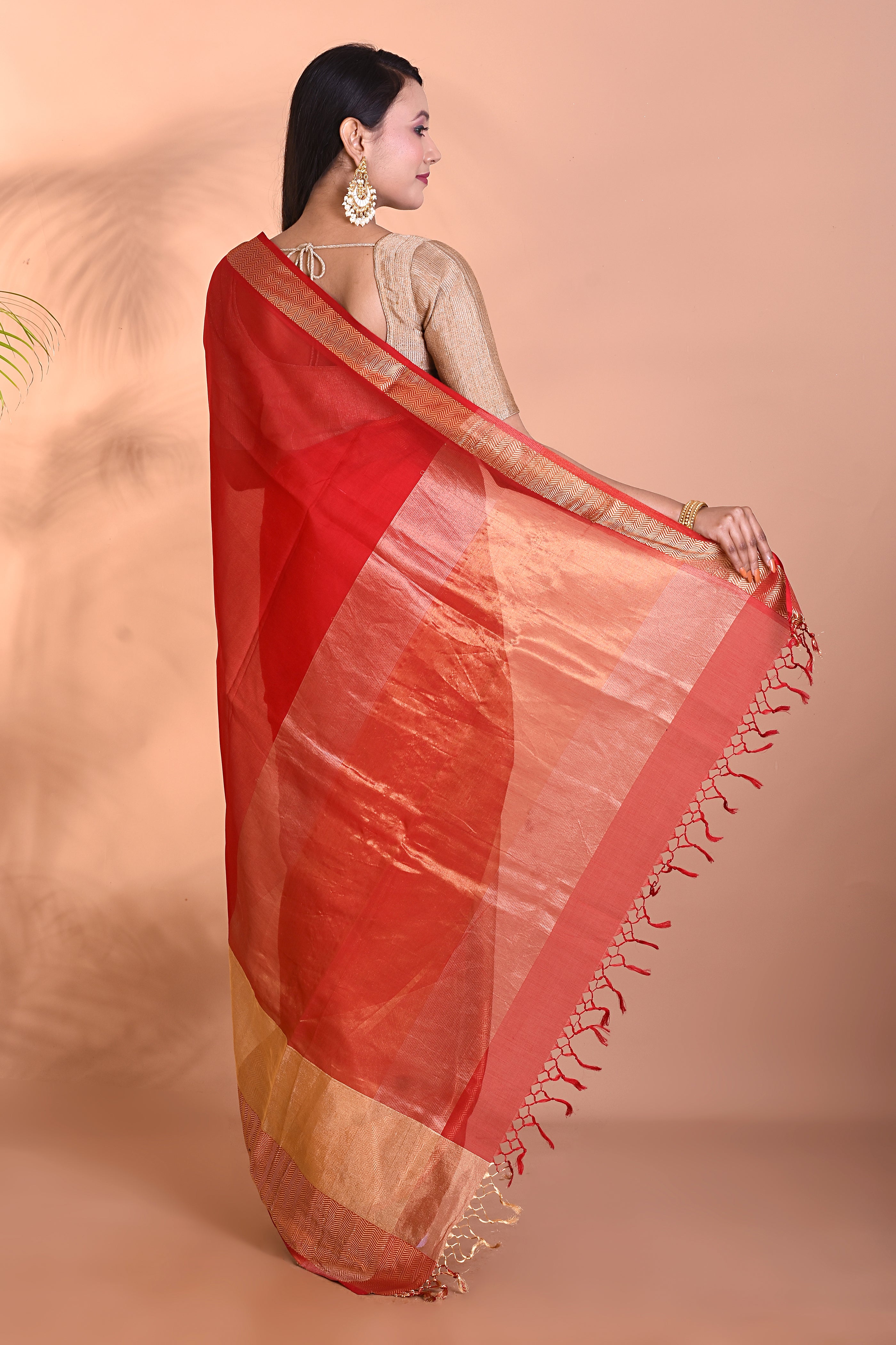 Red Tussar Blended Silk Saree - Keya Seth Exclusive