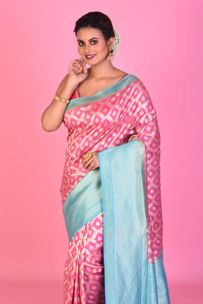 Pink Blended Dupion Silk Saree with Sky Blue Borders - Keya Seth Exclusive