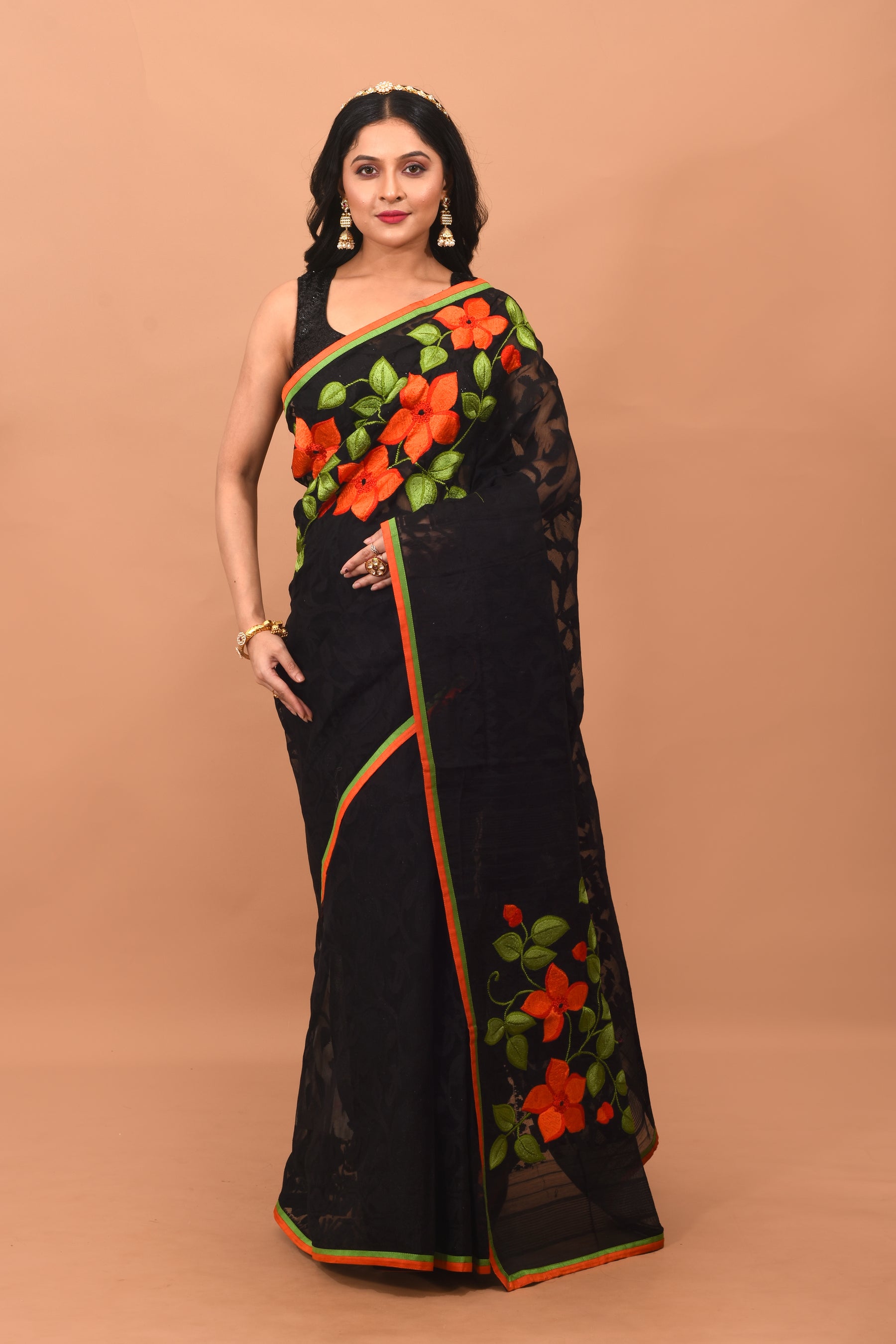 Black Floral Jamdani Saree - Keya Seth Exclusive