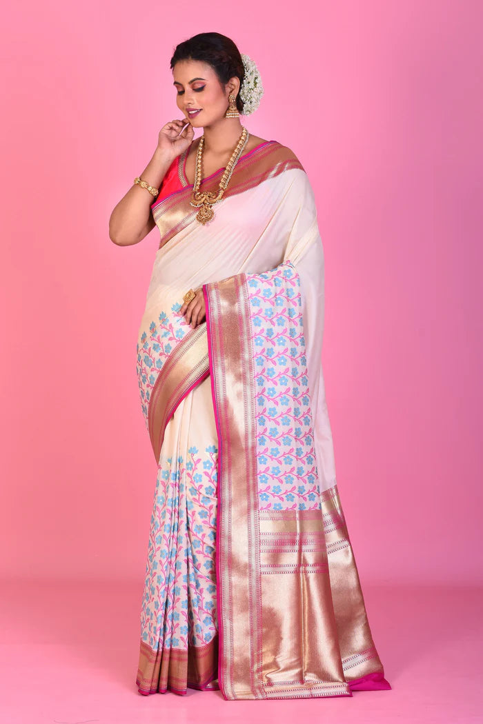 White Dupion Silk Saree with Pink Borders - Keya Seth Exclusive