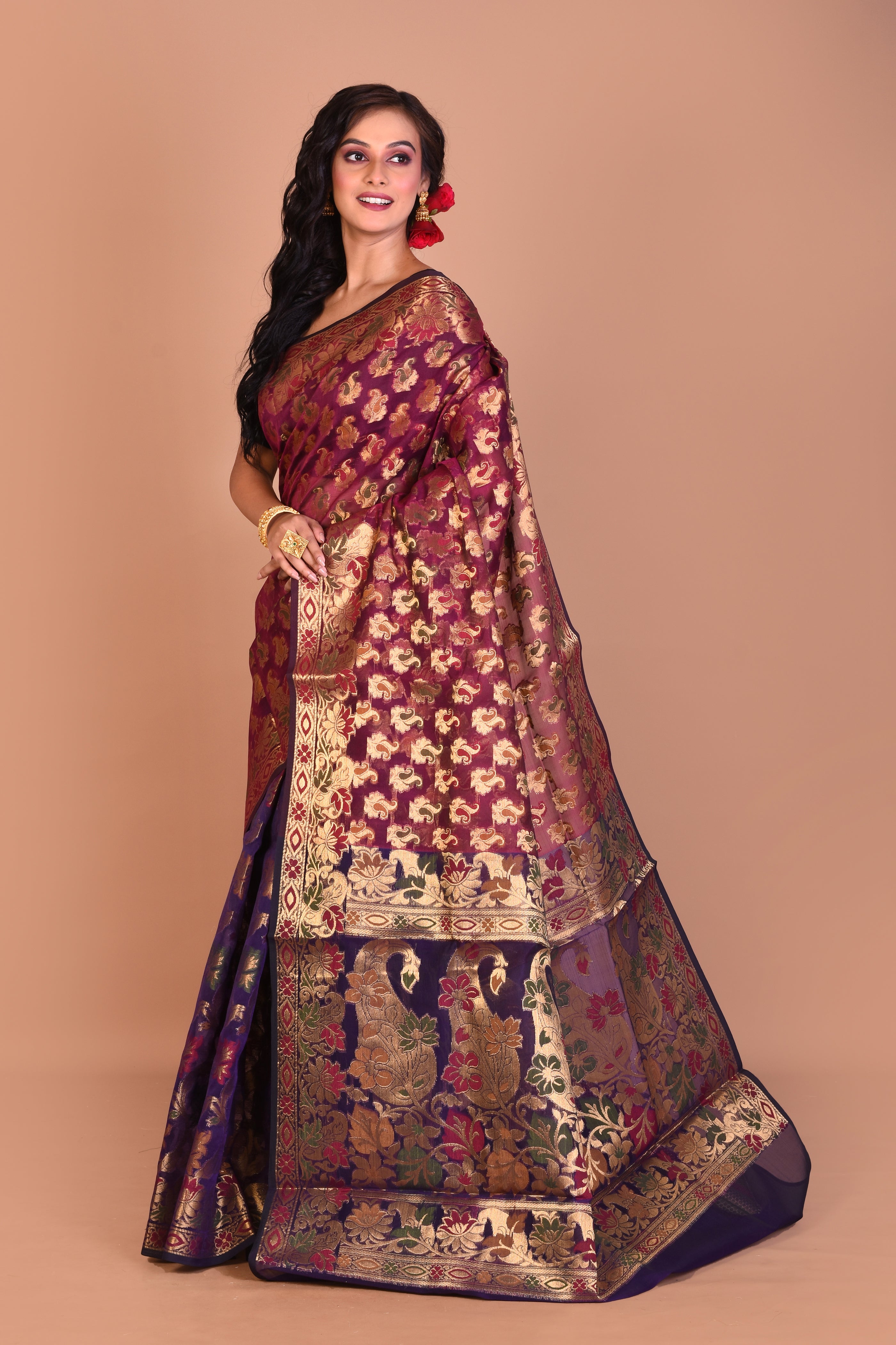 Maroon Half and Half Organza Saree with Blouse Piece - Keya Seth Exclusive