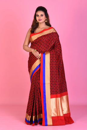 Red Blended Silk Saree with Red and Blue Borders - Keya Seth Exclusive