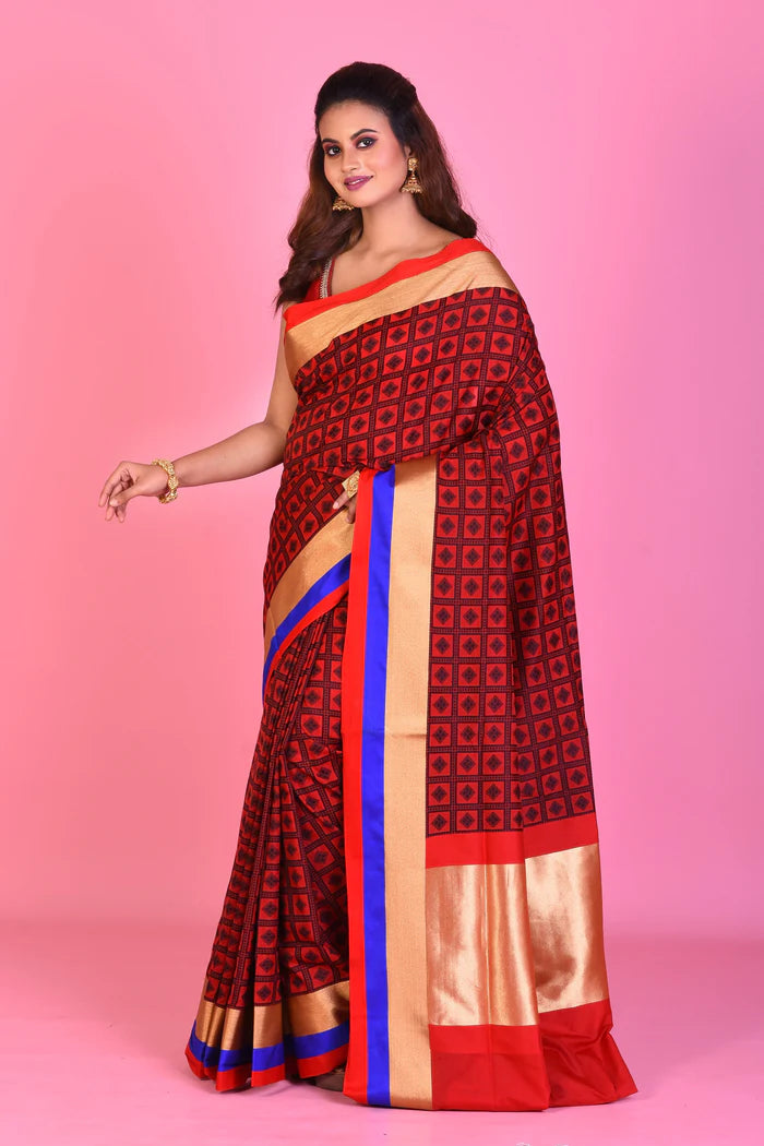 Red Blended Silk Saree with Red and Blue Borders - Keya Seth Exclusive