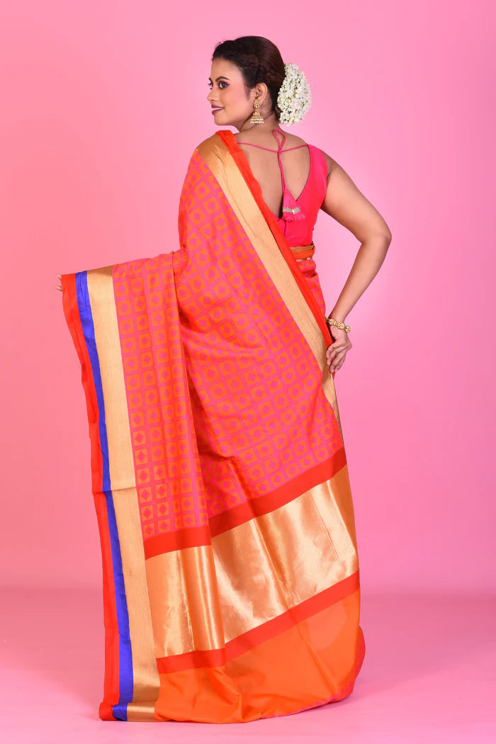 Orange Blended Silk Saree with Red and Blue Borders - Keya Seth Exclusive
