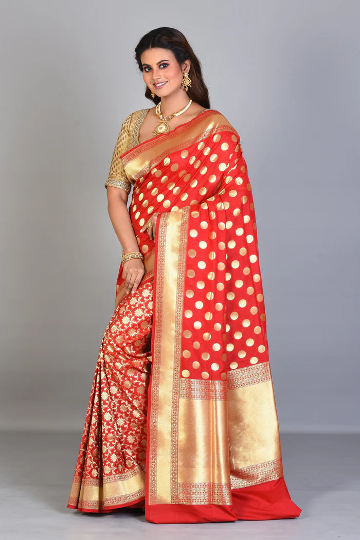 Red Half & Half Blended Silk Saree with Golden Borders - Keya Seth Exclusive