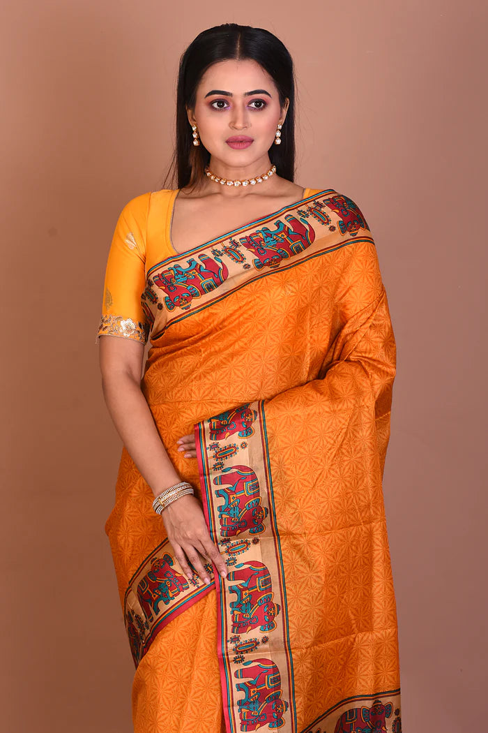 Yellow Blended Printed Silk Saree - Keya Seth Exclusive