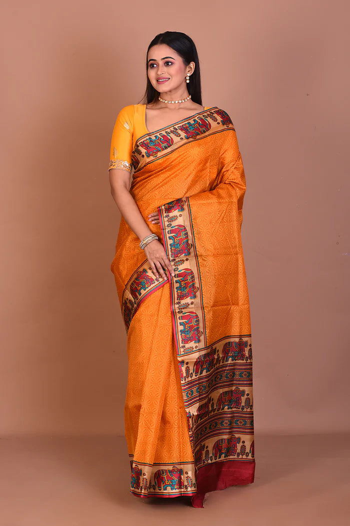Yellow Blended Printed Silk Saree - Keya Seth Exclusive