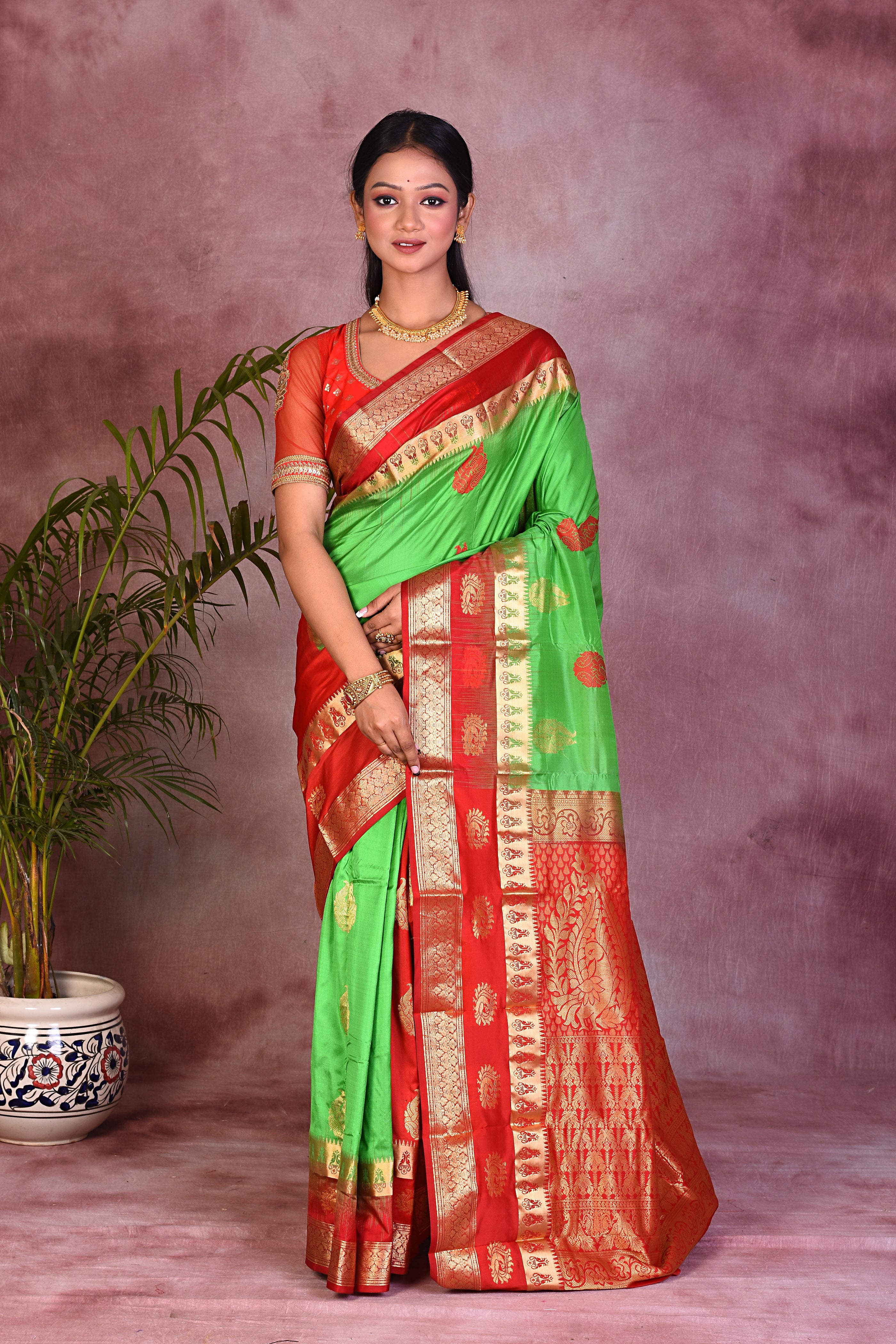 Parrot Green with Red Borders Pure Kanjivaram Saree - Keya Seth Exclusive