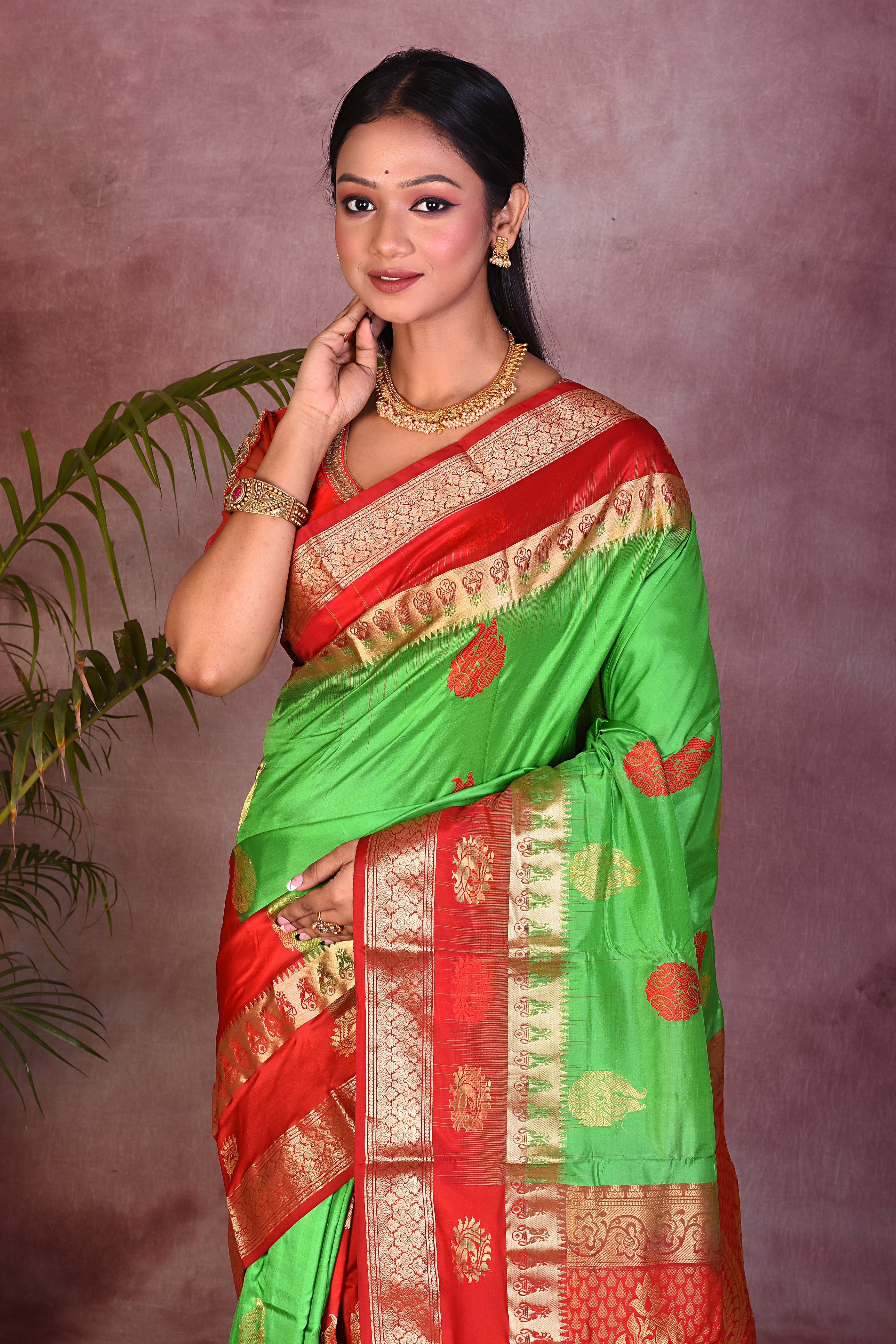 Parrot Green with Red Borders Pure Kanjivaram Saree - Keya Seth Exclusive