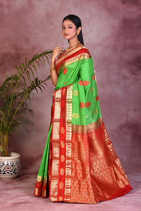 Parrot Green with Red Borders Pure Kanjivaram Saree - Keya Seth Exclusive