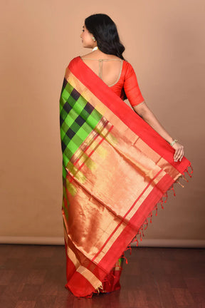 Green Checkered Pure Silk Saree with Blouse Piece - Keya Seth Exclusive