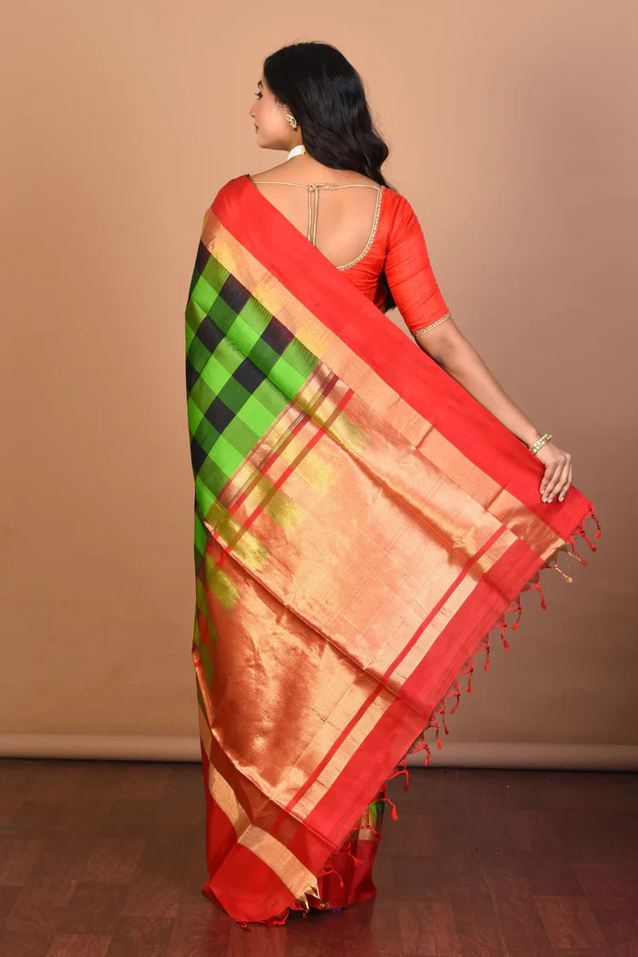 Green Checkered Pure Silk Saree with Blouse Piece - Keya Seth Exclusive