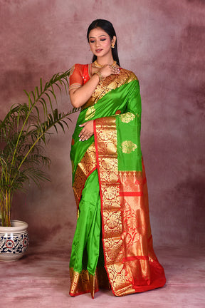 Bright Green with Red Borders Pure Kanjivaram Saree - Keya Seth Exclusive