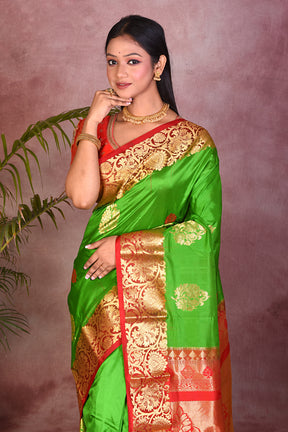 Bright Green with Red Borders Pure Kanjivaram Saree - Keya Seth Exclusive