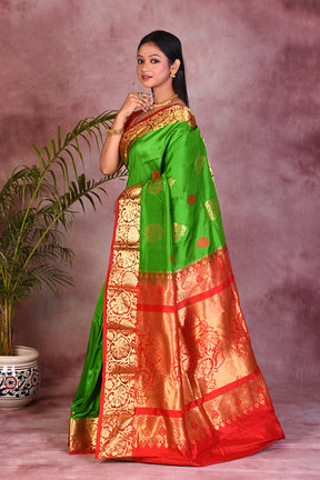 Bright Green with Red Borders Pure Kanjivaram Saree - Keya Seth Exclusive