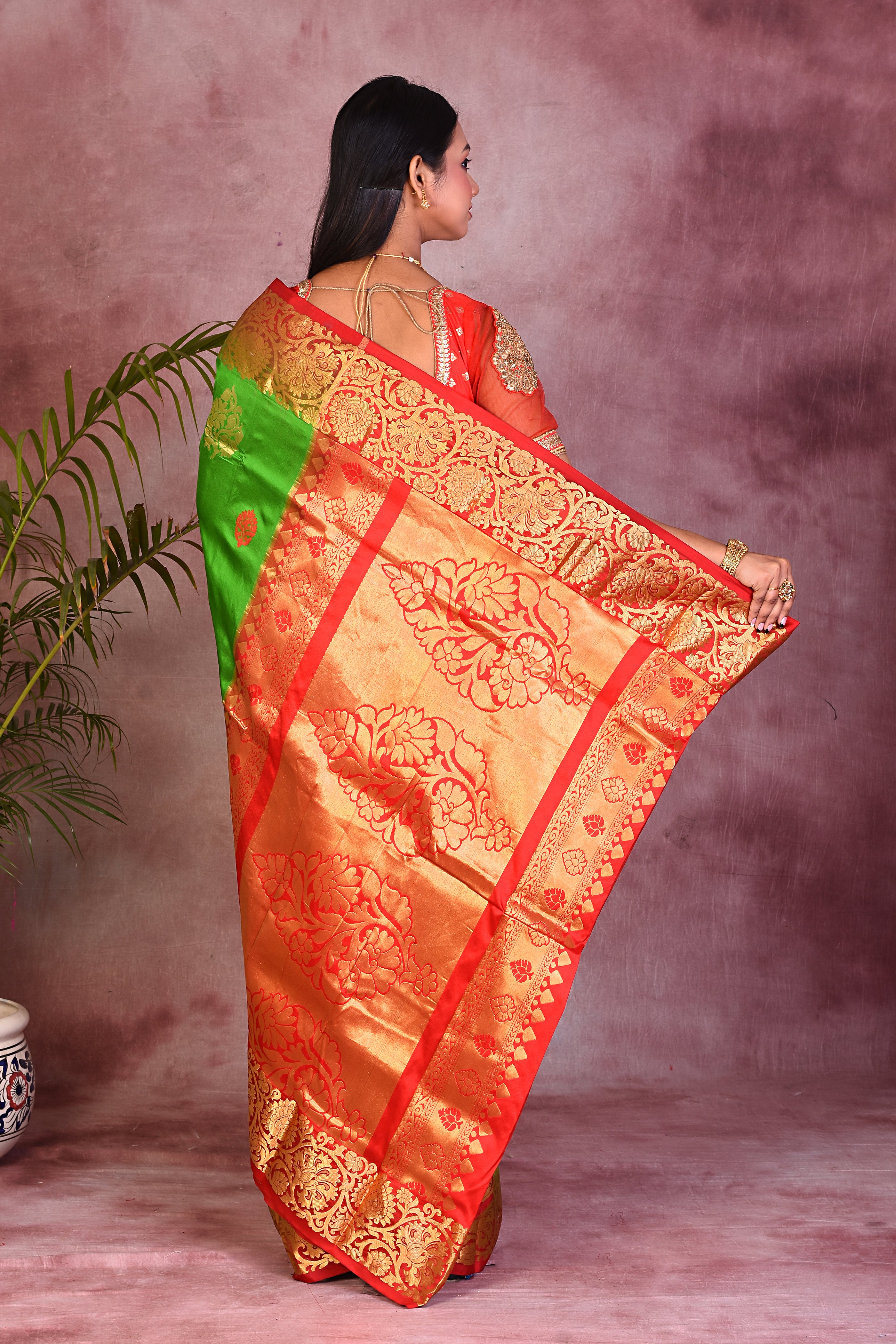 Bright Green with Red Borders Pure Kanjivaram Saree - Keya Seth Exclusive