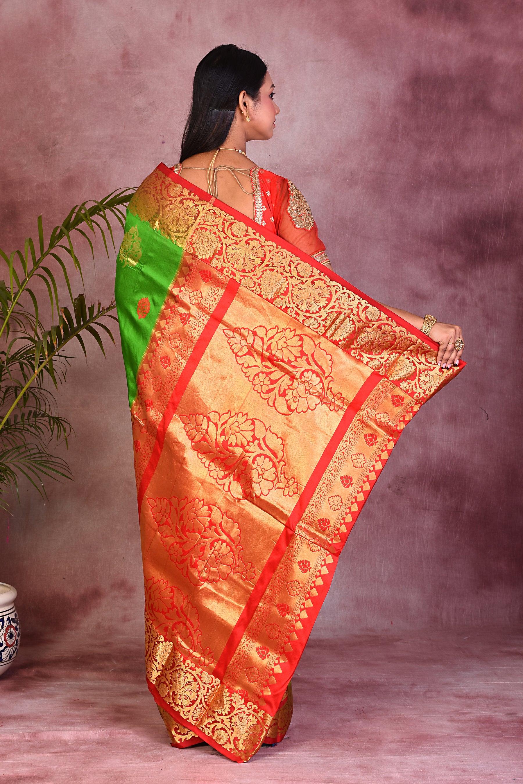 Bright Green with Red Borders Pure Kanjivaram Saree - Keya Seth Exclusive