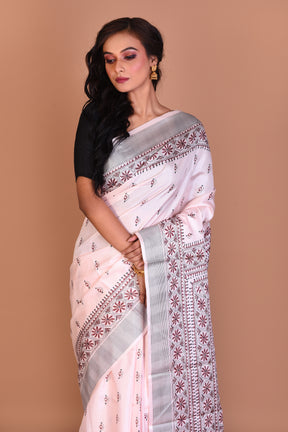 White Kantha Stitch Saree with Blouse Piece - Keya Seth Exclusive