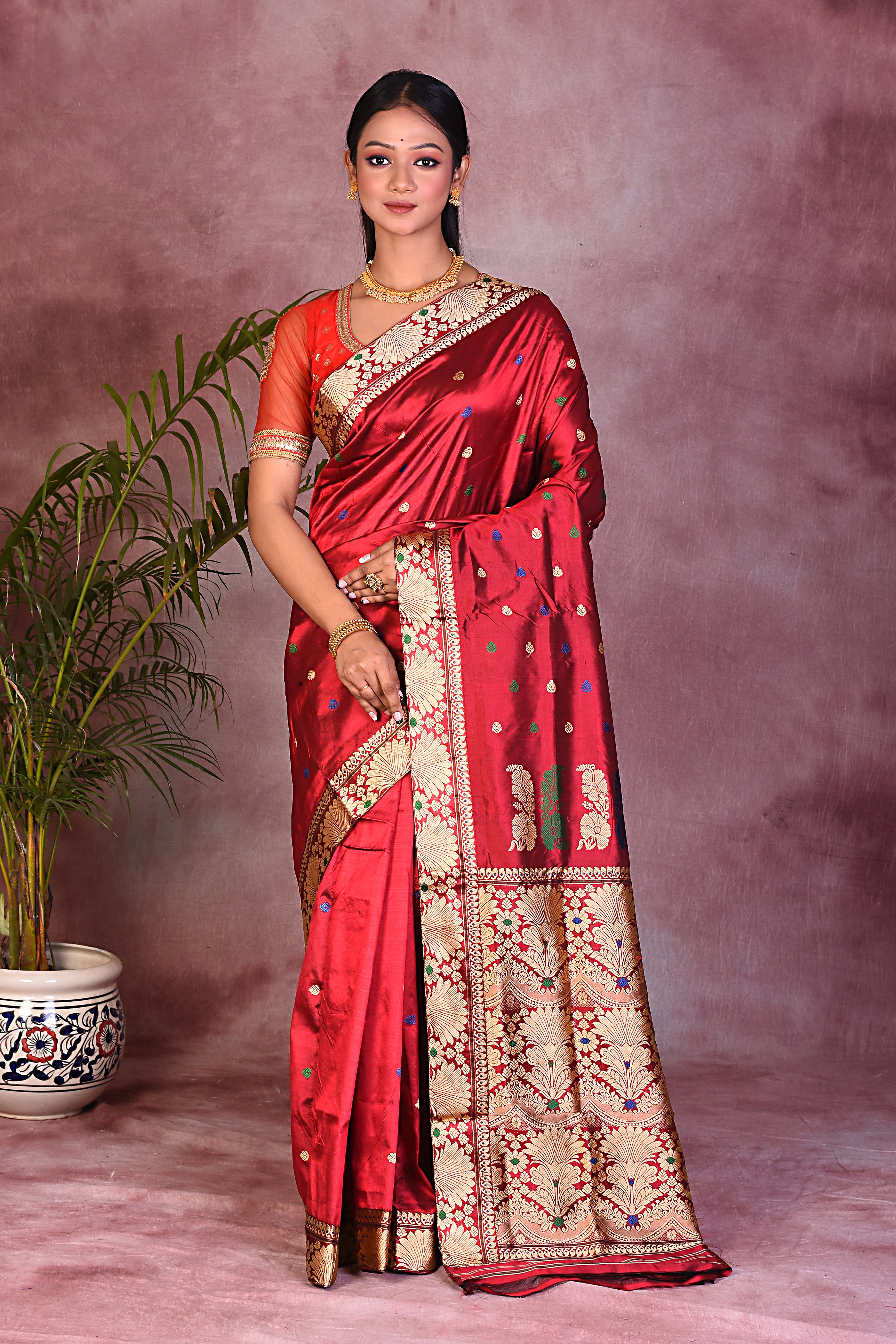 Elegant Red Pure Assam Silk Saree - Keya Seth Exclusive