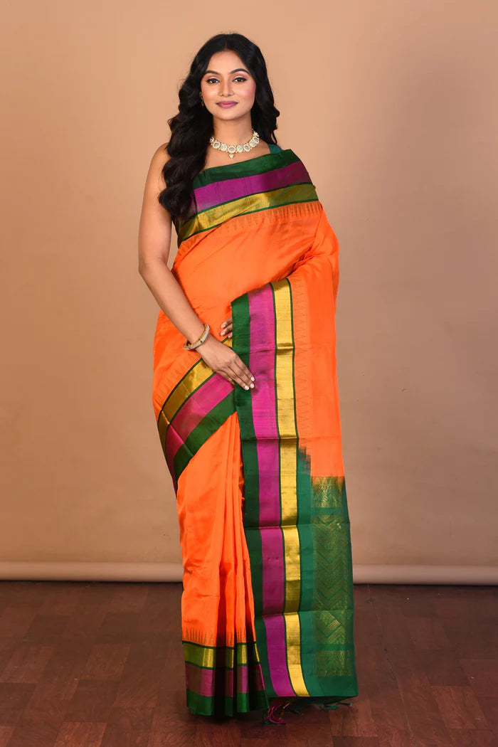 Orange Mangalgiri Saree with Blouse Piece - Keya Seth Exclusive
