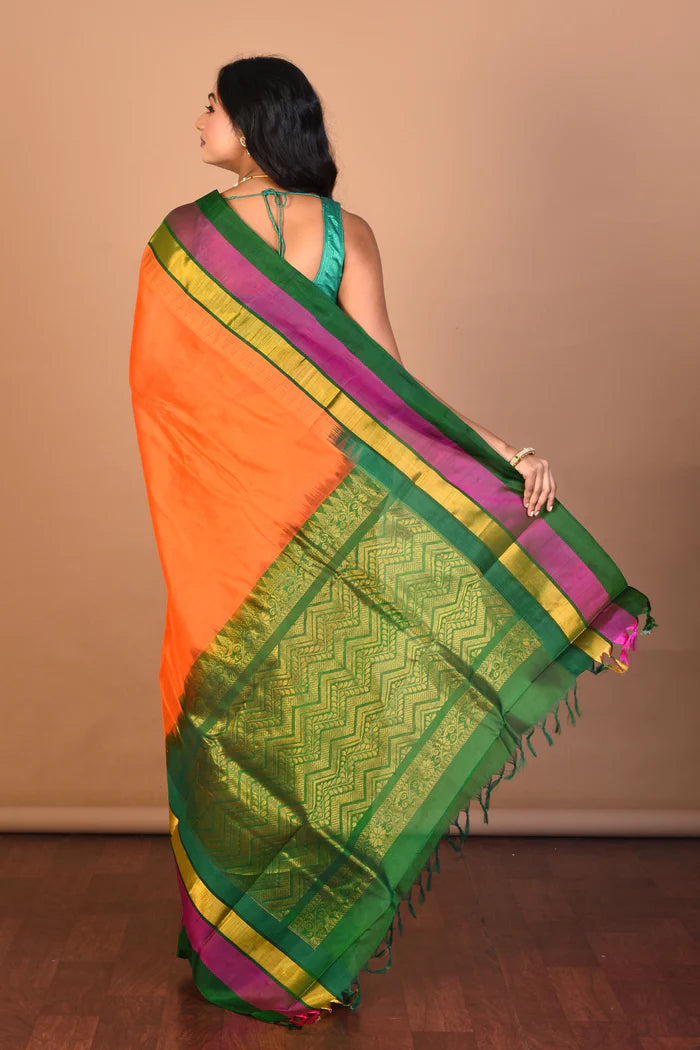Orange Mangalgiri Saree with Blouse Piece - Keya Seth Exclusive