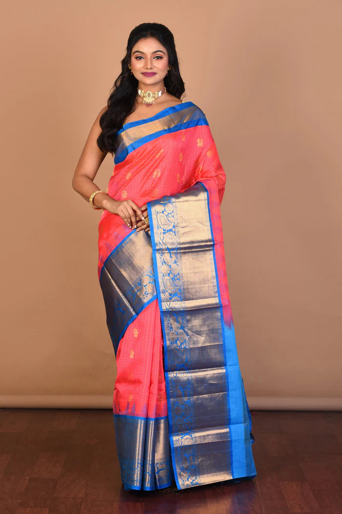 Peachy Pink Pure Mangalgiri Silk Saree with Blouse Piece - Keya Seth Exclusive