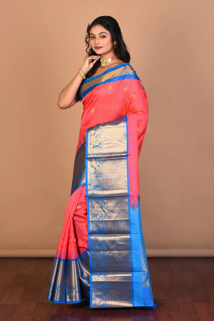 Peachy Pink Pure Mangalgiri Silk Saree with Blouse Piece - Keya Seth Exclusive