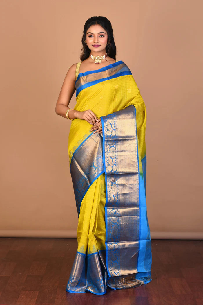 Bright Yellow Pure Mangalgiri Silk Saree with Blouse Piece - Keya Seth Exclusive