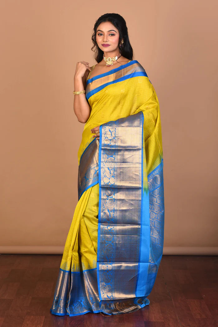 Bright Yellow Pure Mangalgiri Silk Saree with Blouse Piece - Keya Seth Exclusive