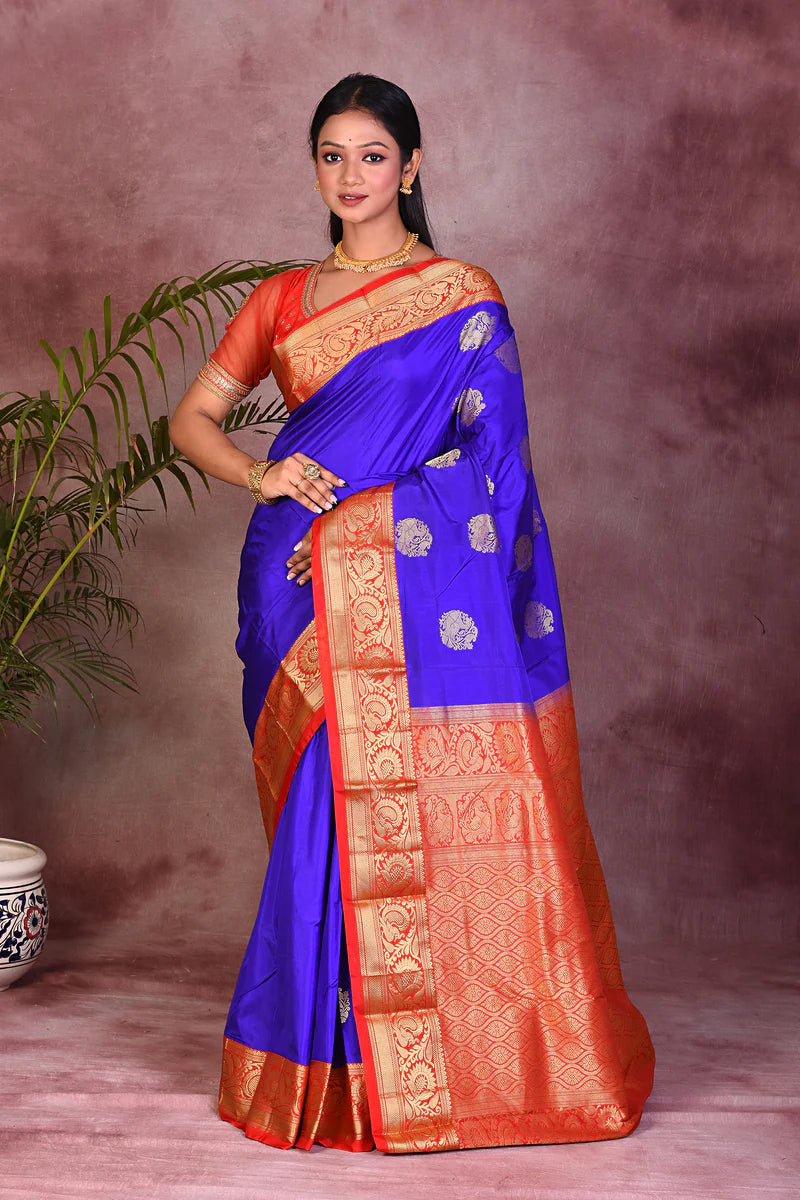 Royal Blue with Red Borders Pure Kanjivaram Saree - Keya Seth Exclusive