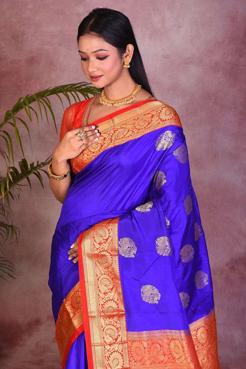 Royal Blue with Red Borders Pure Kanjivaram Saree - Keya Seth Exclusive