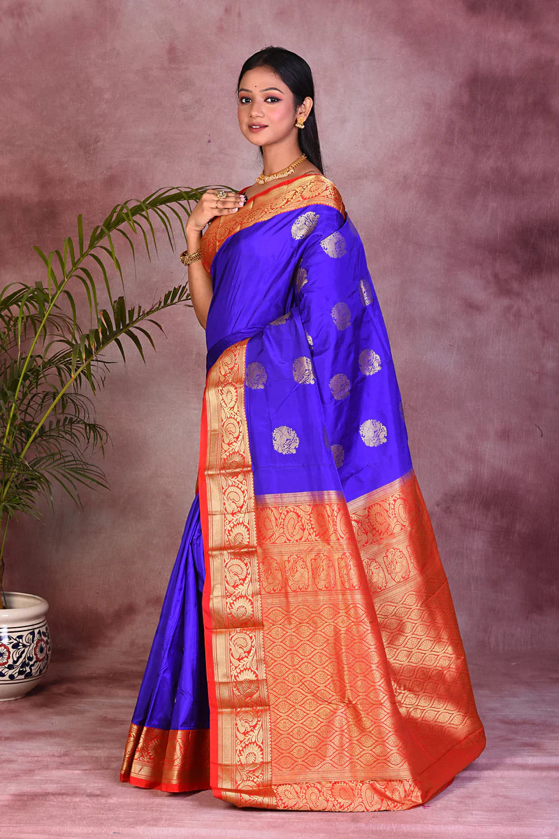 Royal Blue with Red Borders Pure Kanjivaram Saree - Keya Seth Exclusive